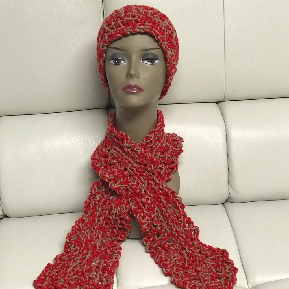 Thick crimson red and taupe scarf set Sold Out!!!